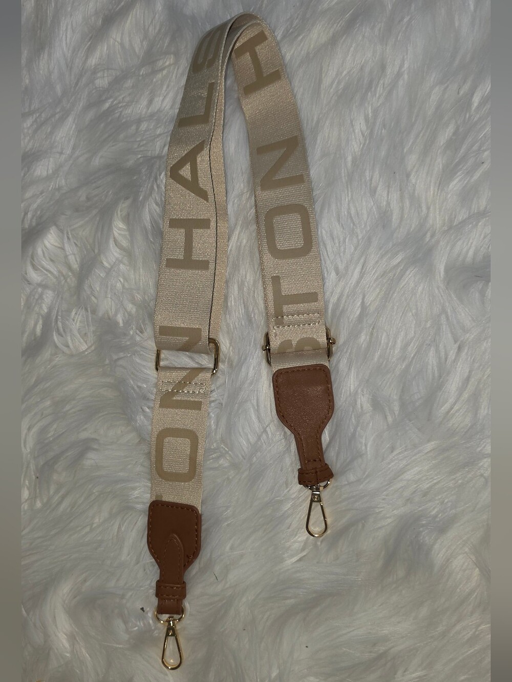 Halston Adjustable Beige Canvas Bag Strap with Tan Leather Accents